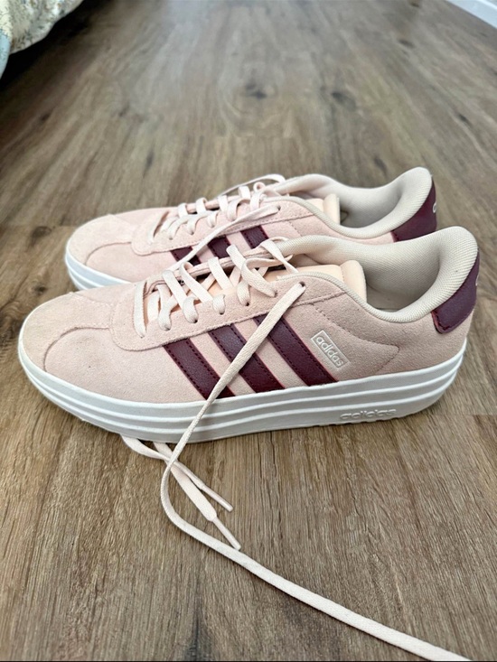 adidas Shoes - adidas Women's Light Pink Suede Platform Sneakers with Burgundy Stripes